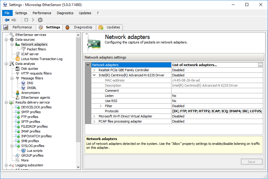 EtherSensor application level traffic sniffer